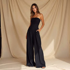 Women's Strapless Jumpsuit with Wide Legs and Defined Waist - Black