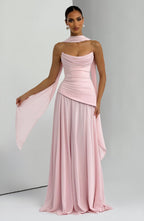 Women's Draped Maxi Dress with Halter Neckline and A-Line Skirt - 5