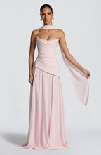 Women's Draped Maxi Dress with Halter Neckline and A-Line Skirt - 8