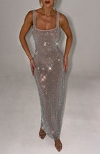 Women's Rhinestone Maxi Dress Sleeveless with Square Neck and Bodycon Silhouette - 12