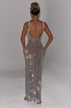 Women's Rhinestone Maxi Dress Sleeveless with Square Neck and Bodycon Silhouette - 11