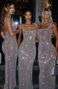 Women's Rhinestone Maxi Dress Sleeveless with Square Neck and Bodycon Silhouette - 2