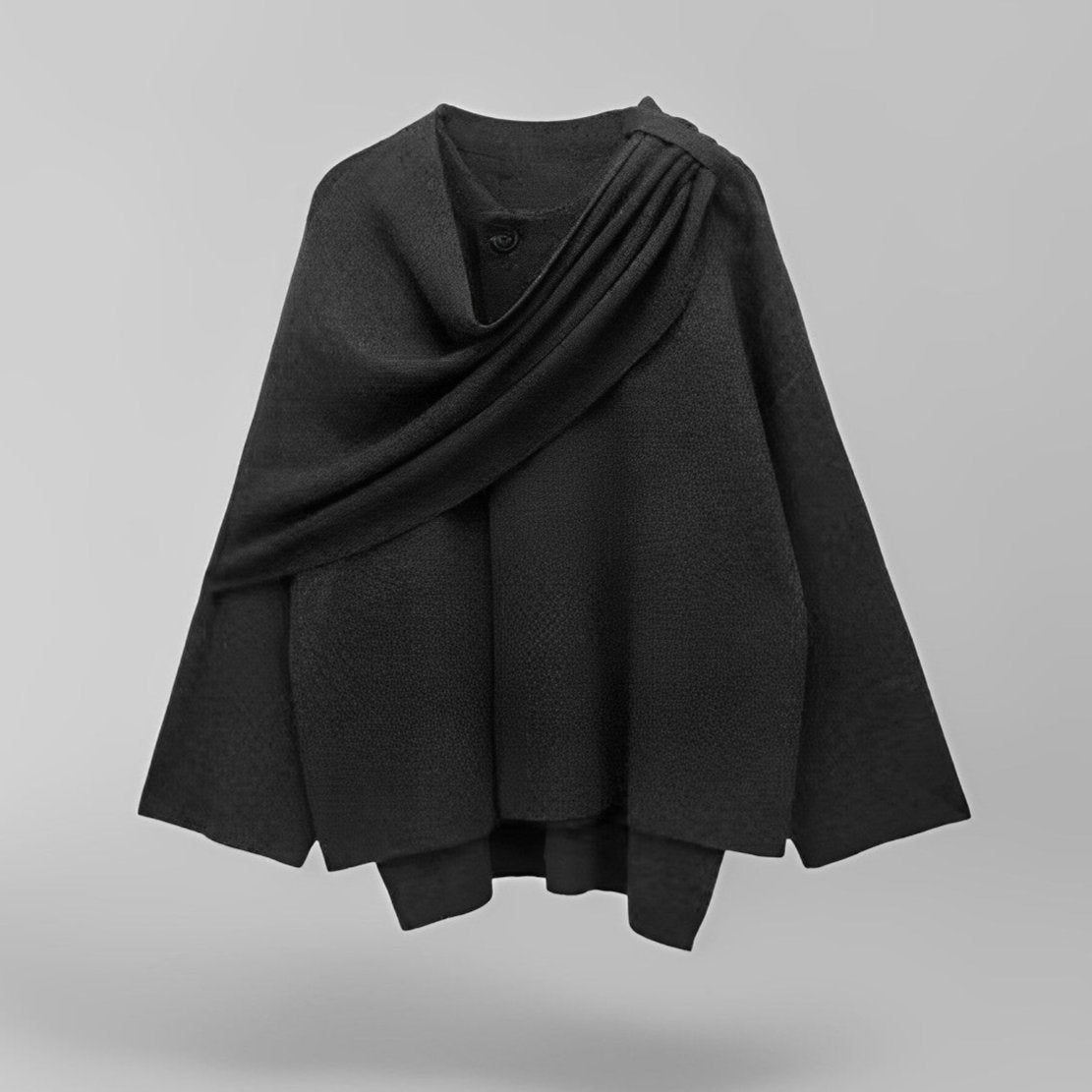 Women's Oversized Wrap Coat with Draped Neckline and Belted Waist - Black/Grey
