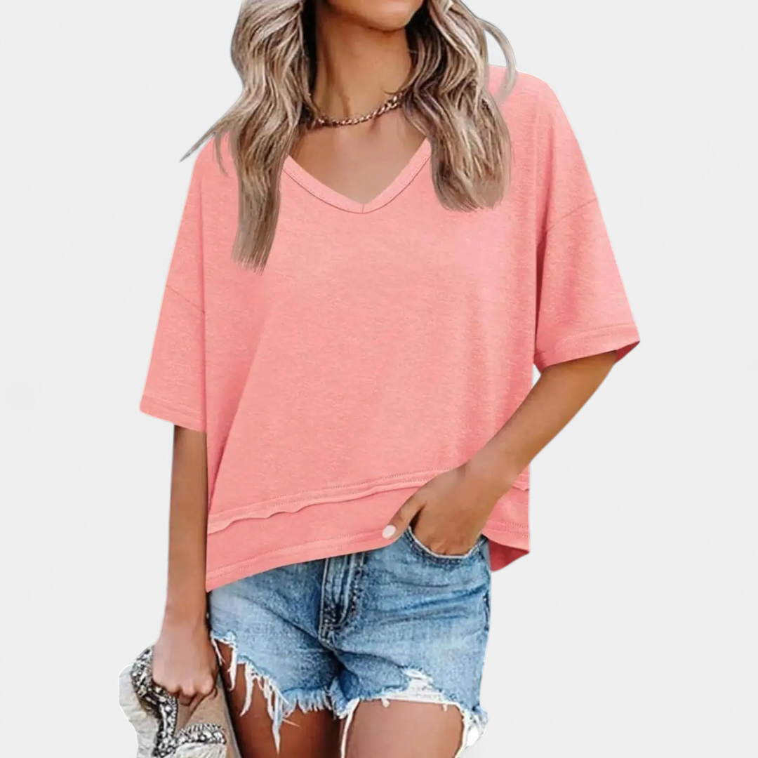 Women's Relaxed V-Neck Casual Tee - Pink
