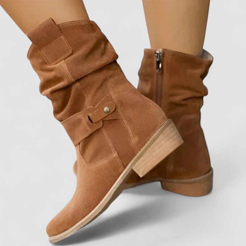 Women's Slouchy Ankle Boots with Side Zip and Buckle Strap - 6