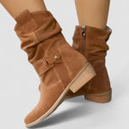 Women's Slouchy Ankle Boots with Side Zip and Buckle Strap - 6