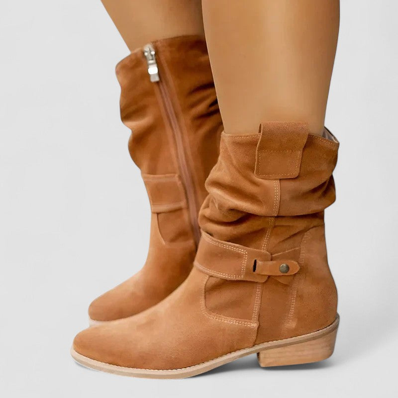 Women's Slouchy Ankle Boots with Side Zip and Buckle Strap - Brown