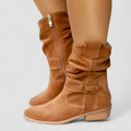 Women's Slouchy Ankle Boots with Side Zip and Buckle Strap - Brown