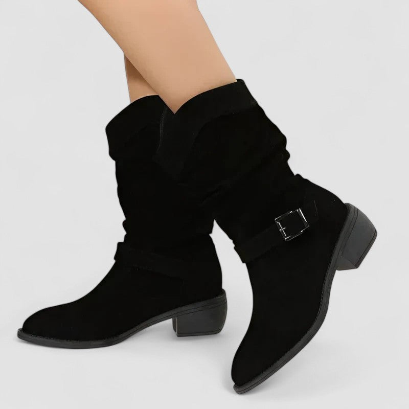 Women's Slouchy Ankle Boots with Side Zip and Buckle Strap - 7
