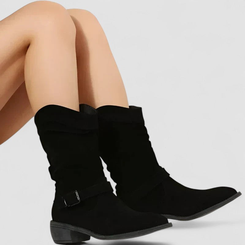 Women's Slouchy Ankle Boots with Side Zip and Buckle Strap - Black