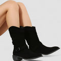 Women's Slouchy Ankle Boots with Side Zip and Buckle Strap - Black