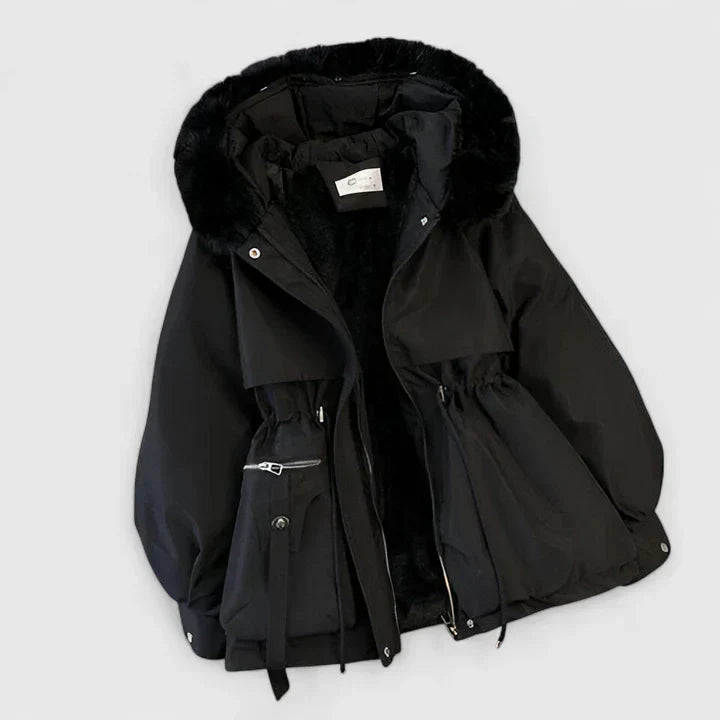 Women's Padded Jacket with Faux Fur Hood and Drawstring Waist - Black