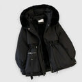 Women's Padded Jacket with Faux Fur Hood and Drawstring Waist - Black