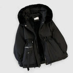 Women's Padded Jacket with Faux Fur Hood and Drawstring Waist - Black