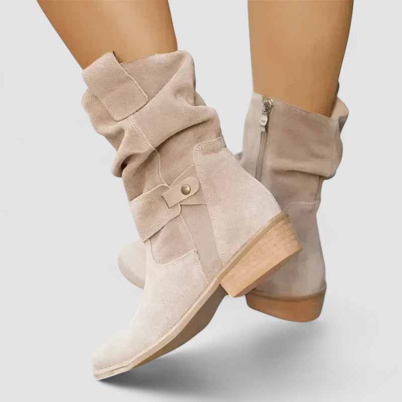 Women's Slouchy Ankle Boots with Side Zip and Buckle Strap - Beige