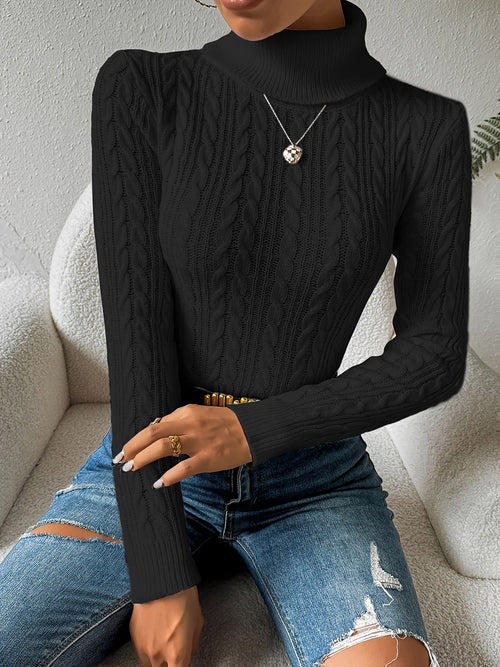 Women's Cable Knit Turtleneck Jumper Slim Fit - Black