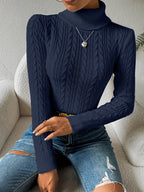 Women's Cable Knit Turtleneck Jumper Slim Fit - Dark Blue