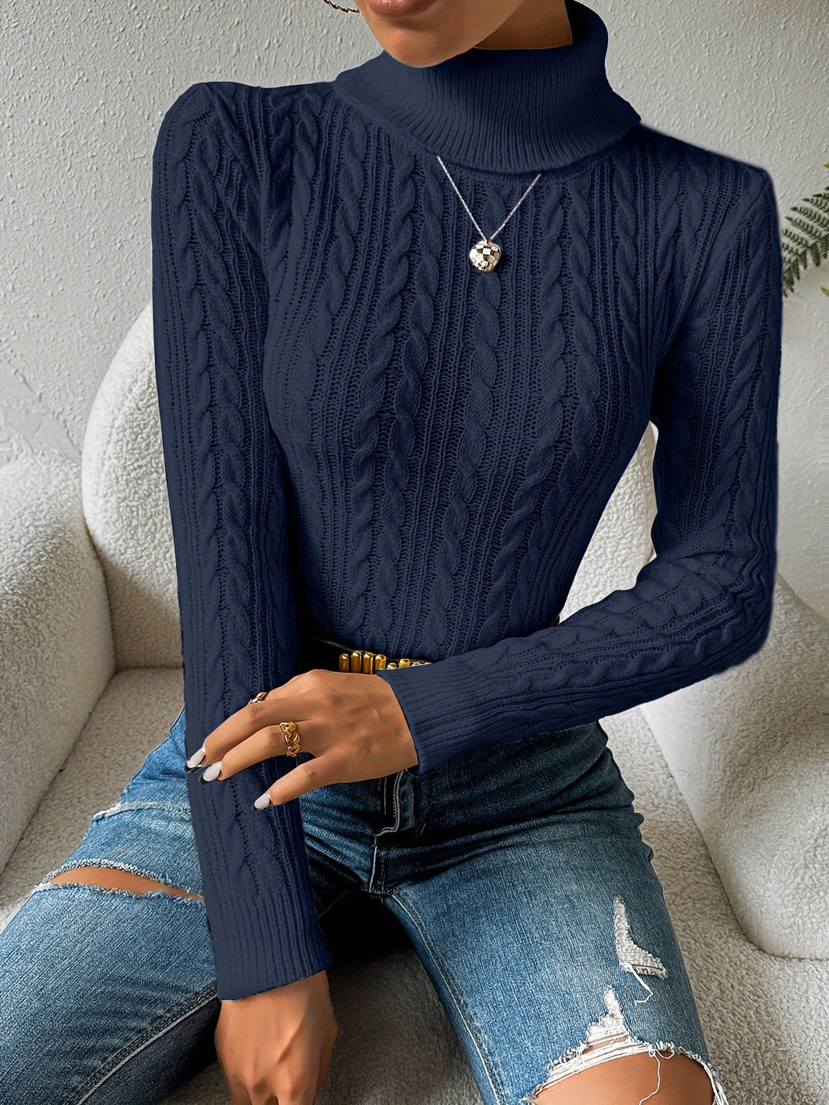 Women's Cable Knit Turtleneck Jumper Slim Fit - Dark Blue