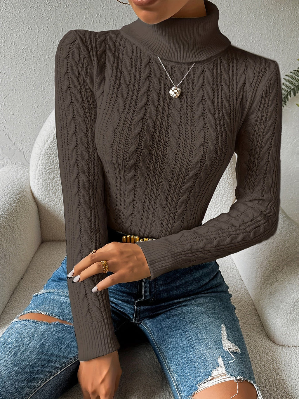 Women's Cable Knit Turtleneck Jumper Slim Fit - Dark Grey