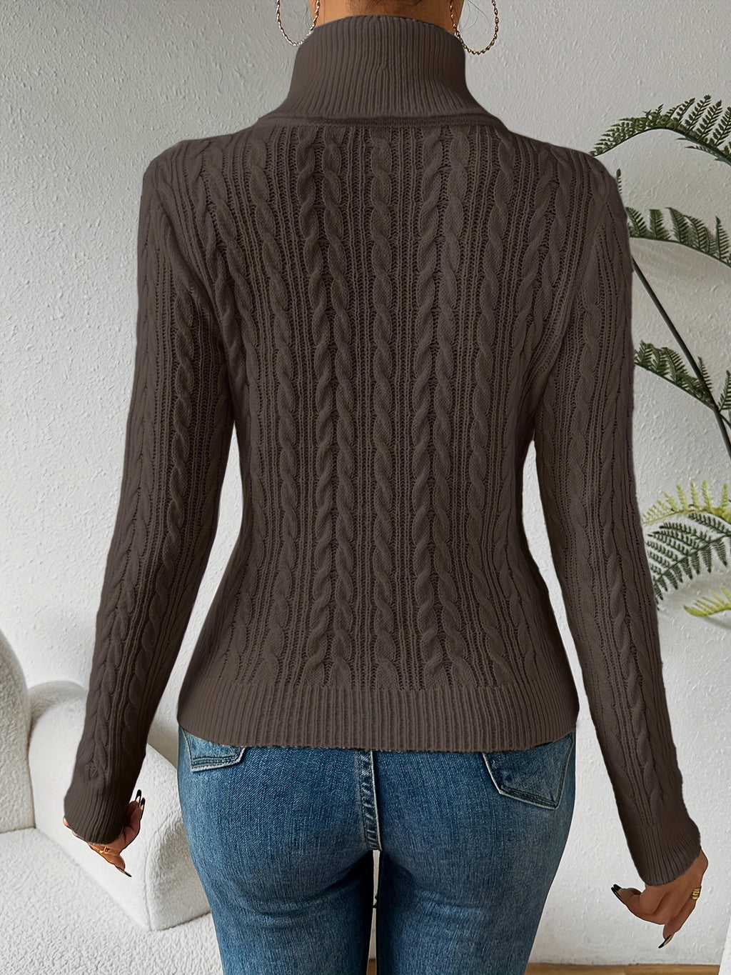 Women's Cable Knit Turtleneck Jumper Slim Fit - 10