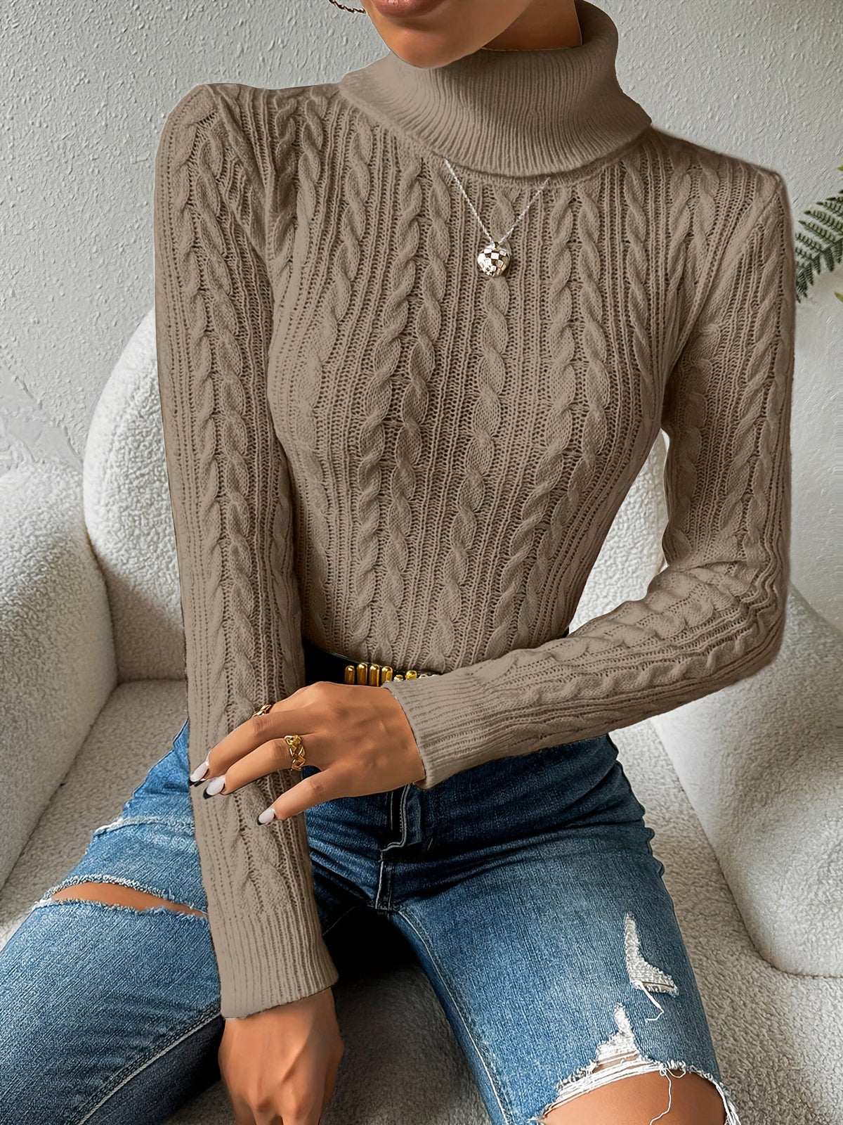 Women's Cable Knit Turtleneck Jumper Slim Fit - 9