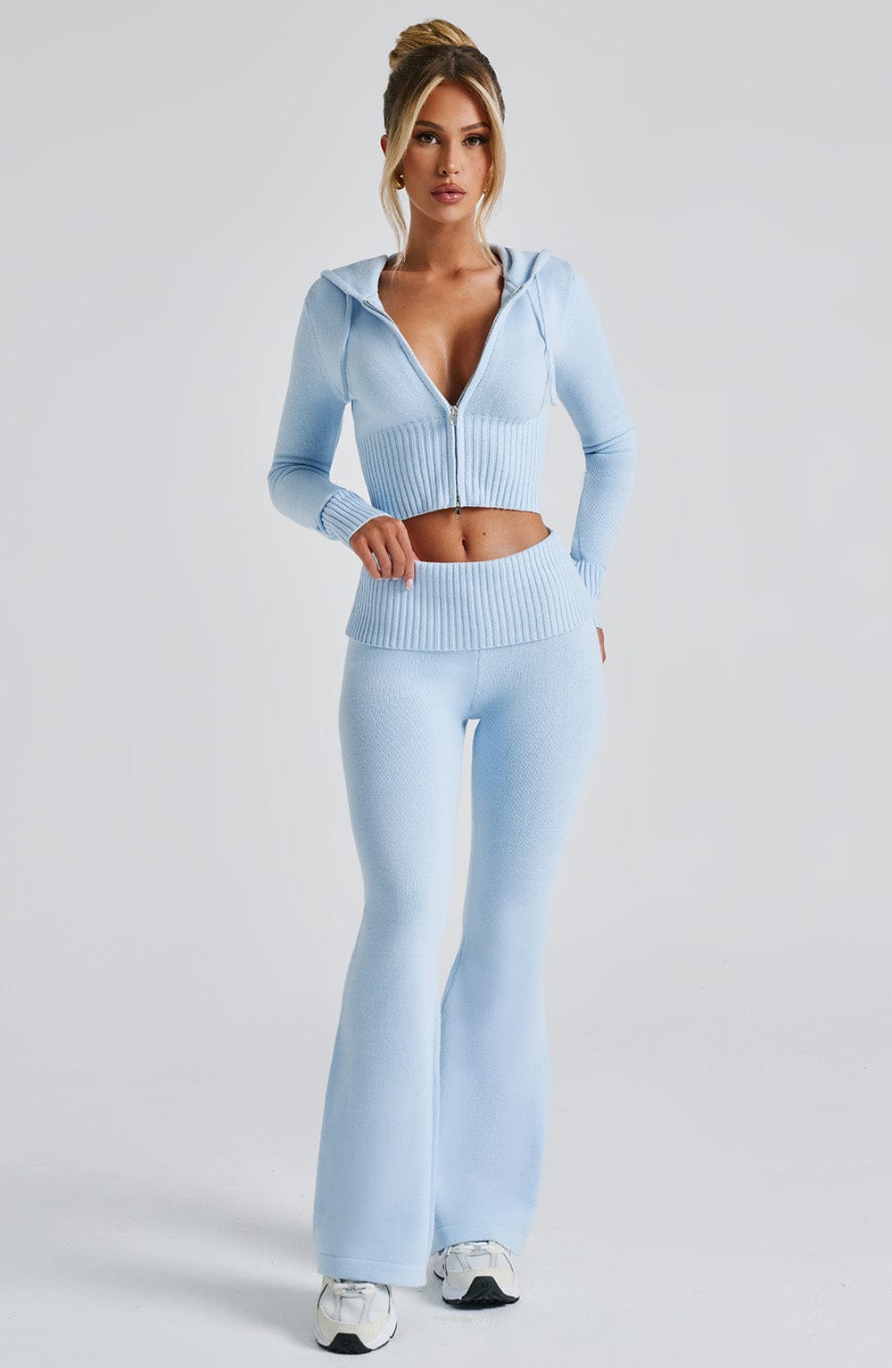 Women's Knit Co-Ord Set Cropped Zip Hoodie with Flared Trousers - 7