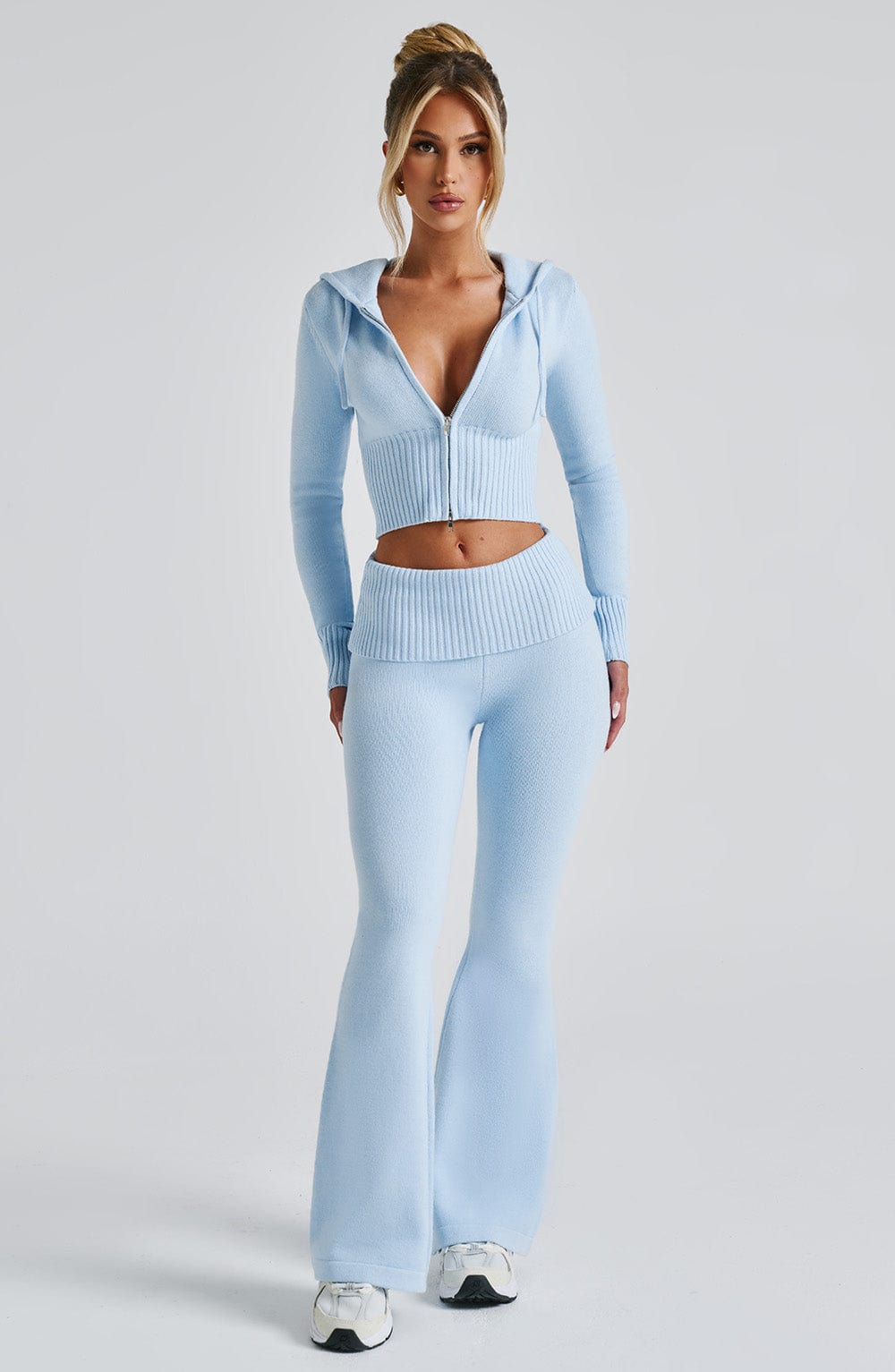 Women's Knit Co-Ord Set Cropped Zip Hoodie with Flared Trousers - 8