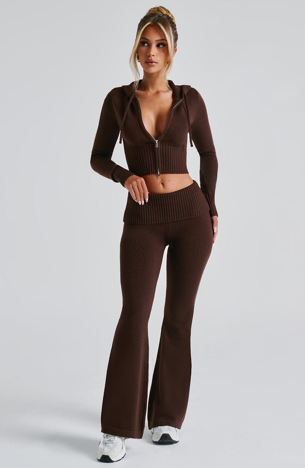 Women's Knit Co-Ord Set Cropped Zip Hoodie with Flared Pants - 6