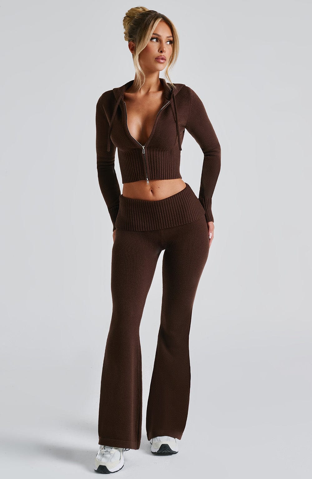 Women's Knit Co-Ord Set Cropped Zip Hoodie with Flared Pants - 2