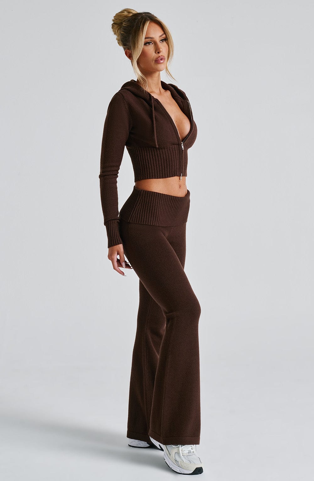 Women's Knit Co-Ord Set Cropped Zip Hoodie with Flared Pants - 8