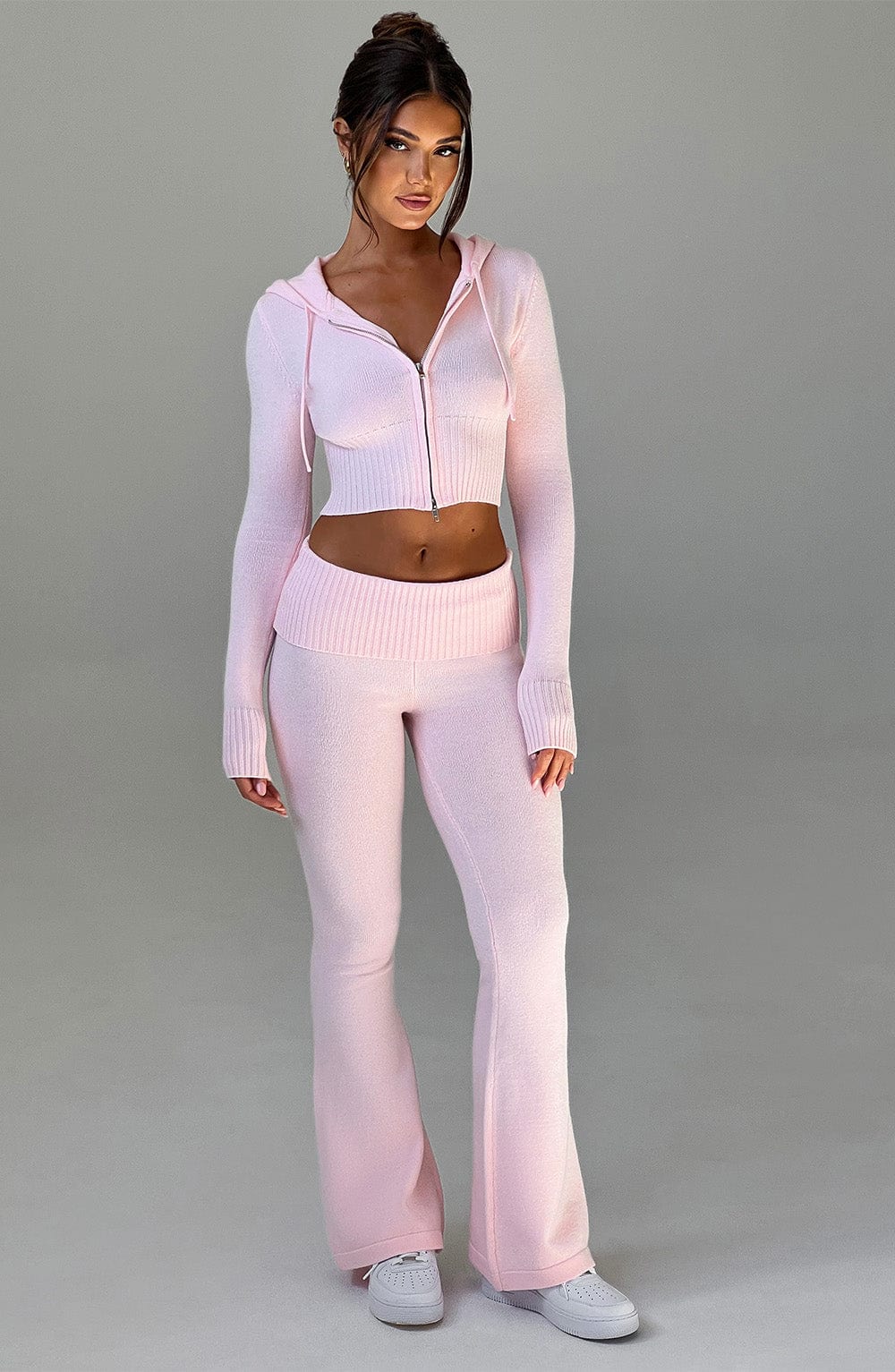 Women's Knit Co-Ord Set Cropped Zip Hoodie with Flared Trousers - 12
