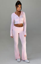 Women's Knit Co-Ord Set Cropped Zip Hoodie with Flared Trousers - 12