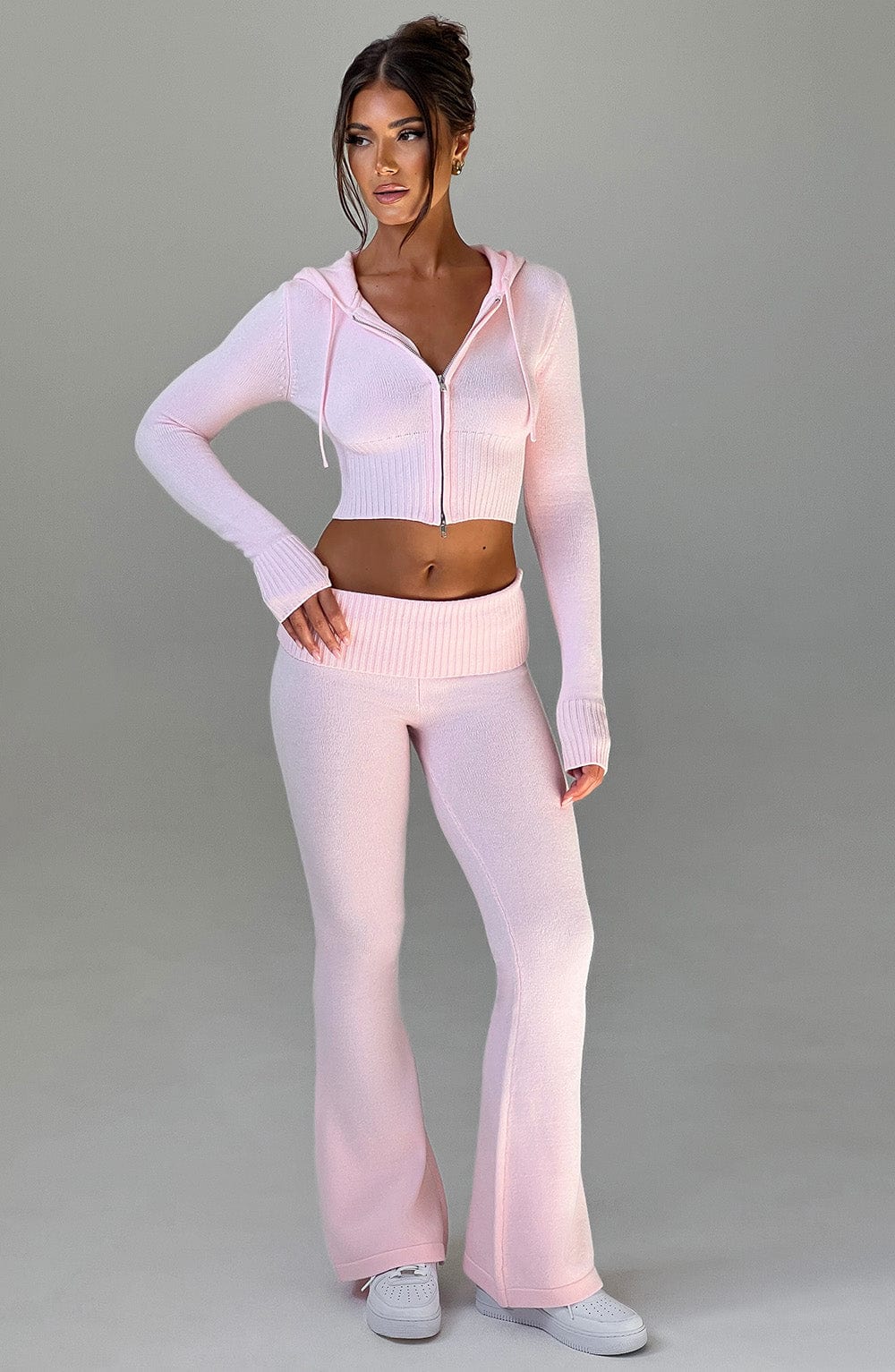 Women's Knit Co-Ord Set Cropped Zip Hoodie with Flared Trousers - 13