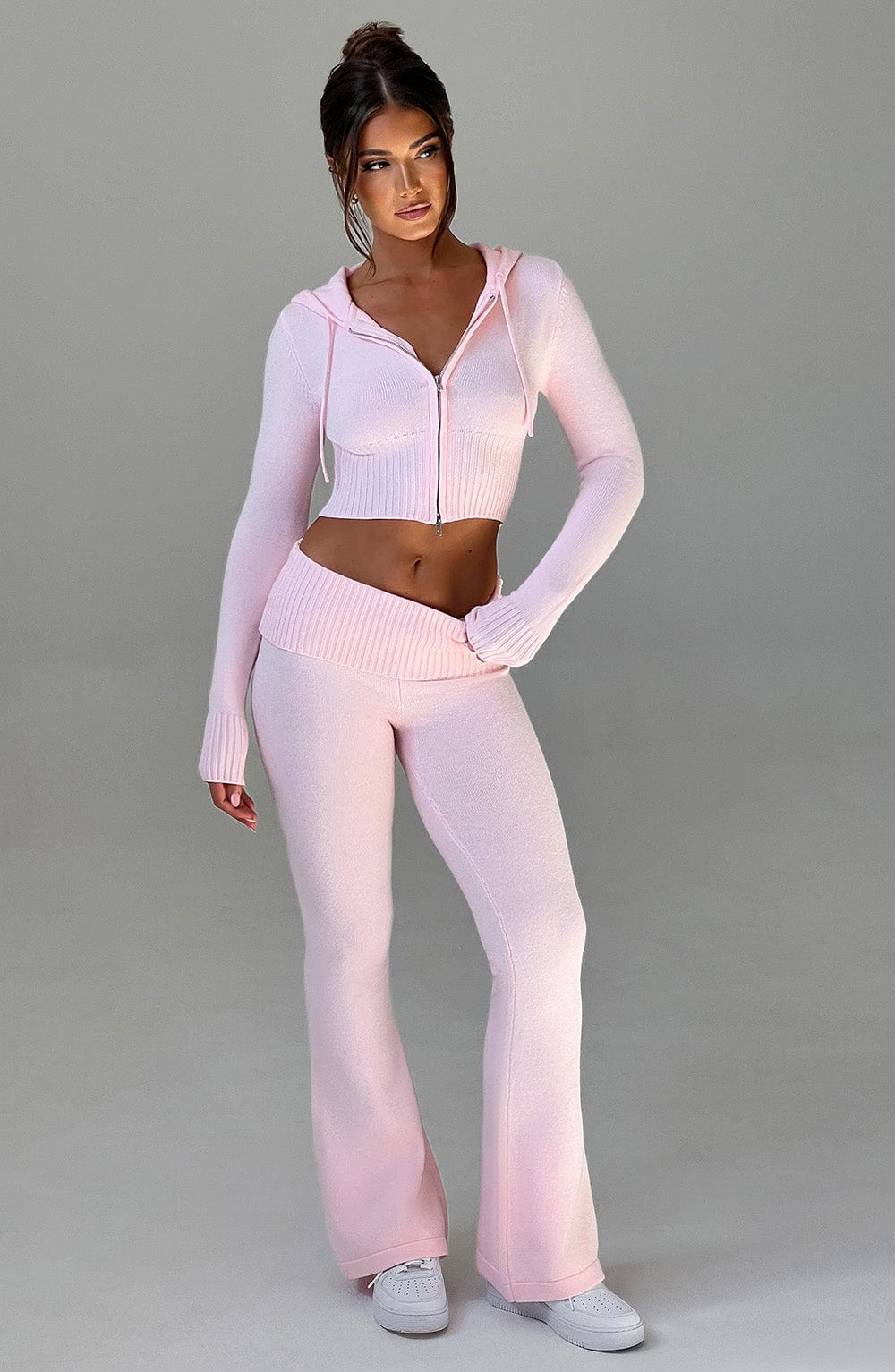 Women's Knit Co-Ord Set Cropped Zip Hoodie with Flared Trousers - 7