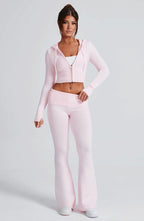 Women's Knit Co-Ord Set Cropped Zip Hoodie with Flared Trousers - 2