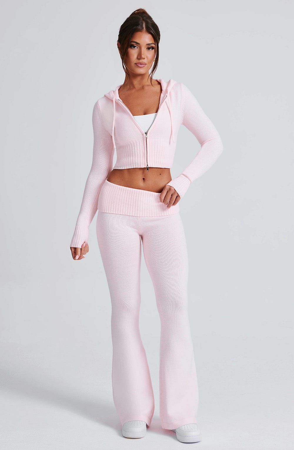 Women's Knit Co-Ord Set Cropped Zip Hoodie with Flared Trousers - 2