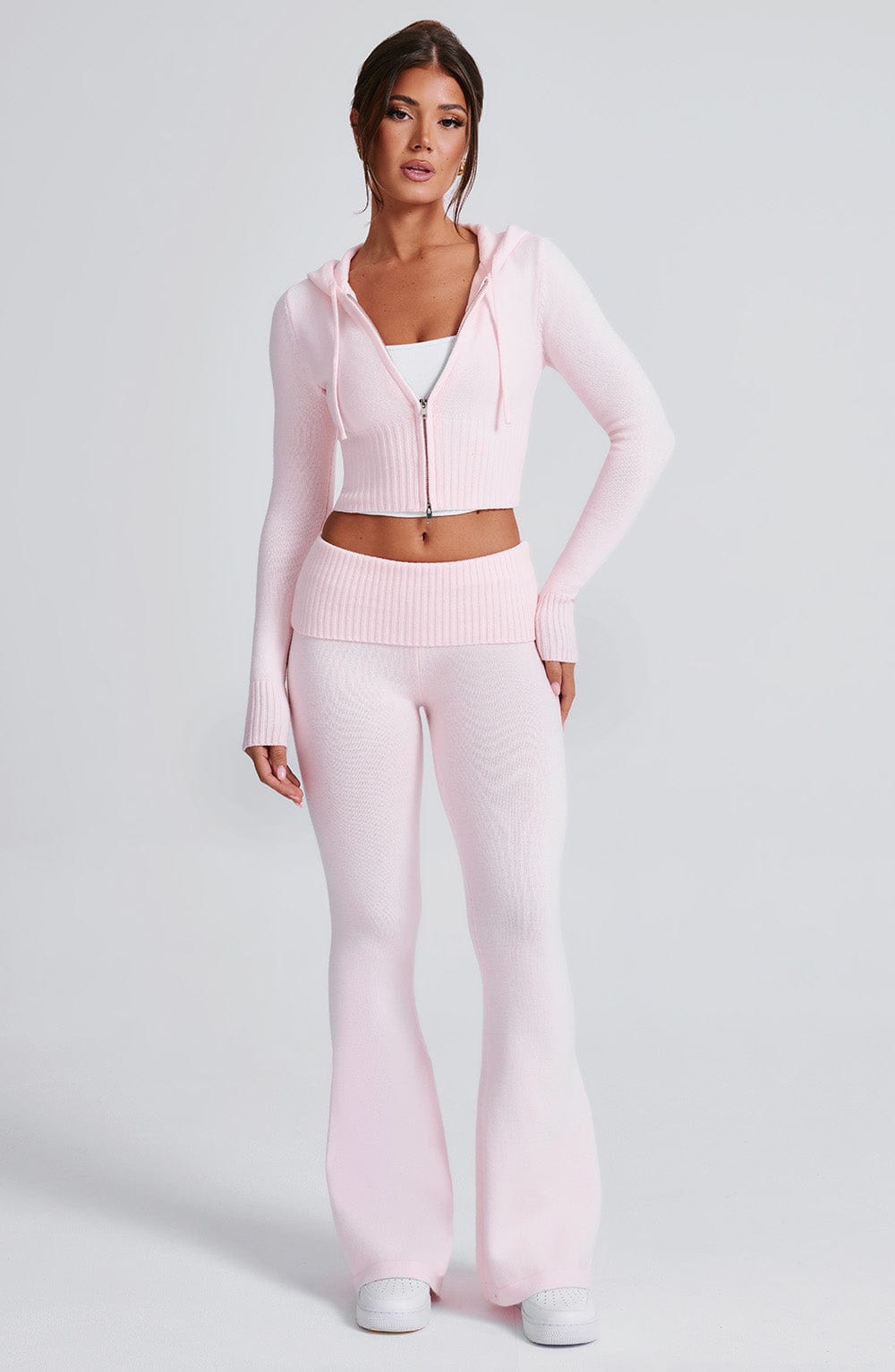 Women's Knit Co-Ord Set Cropped Zip Hoodie with Flared Trousers - 3