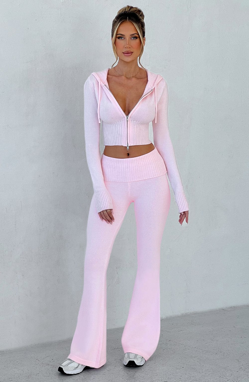Women's Knit Co-Ord Set Cropped Zip Hoodie with Flared Trousers - 4