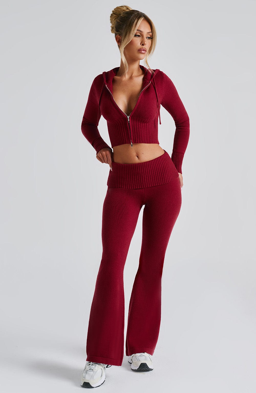 Women's Knit Co-Ord Set Cropped Zip Hoodie with Flared Trousers - 6