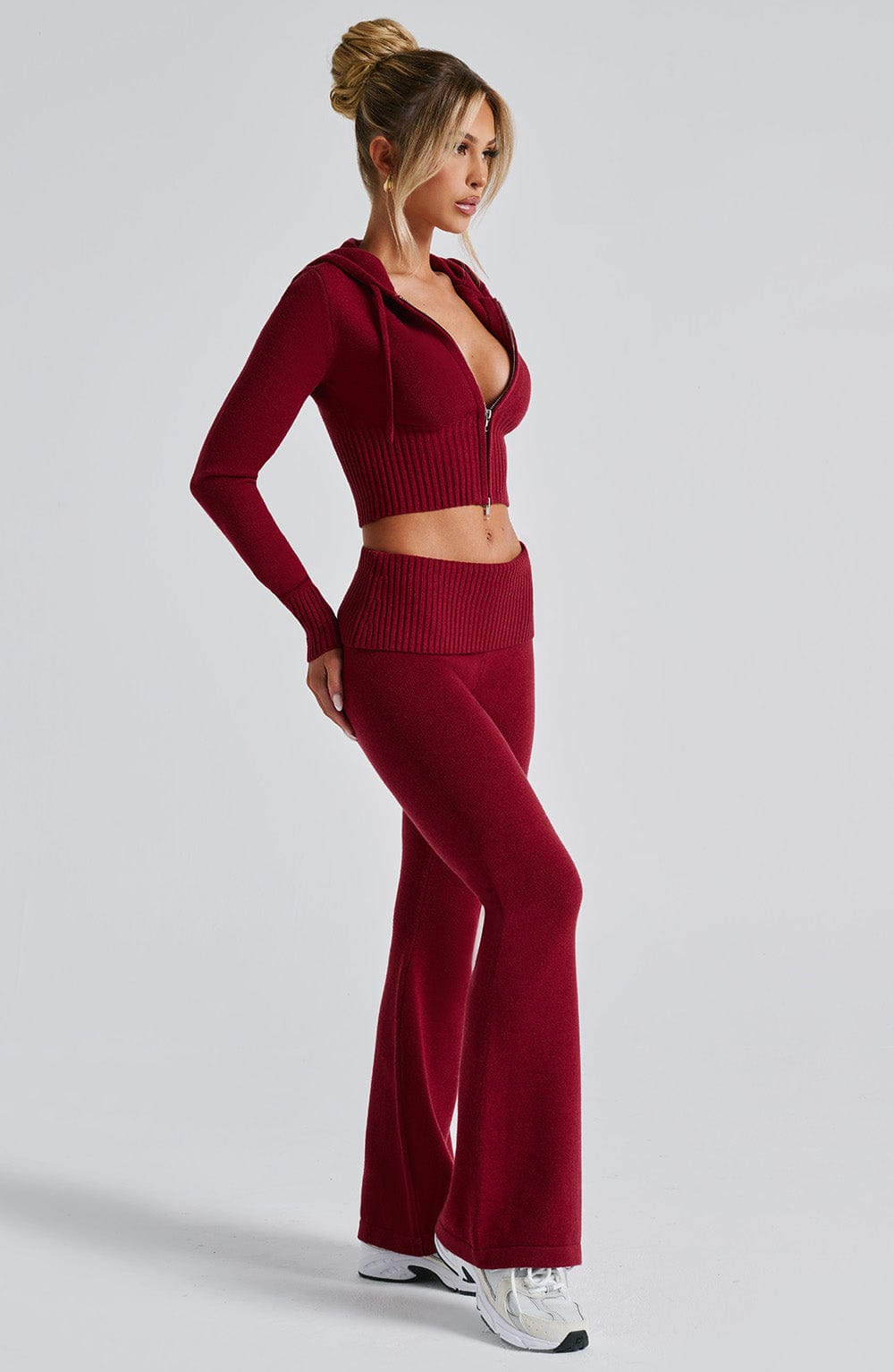 Women's Knit Co-Ord Set Cropped Zip Hoodie with Flared Trousers - 3
