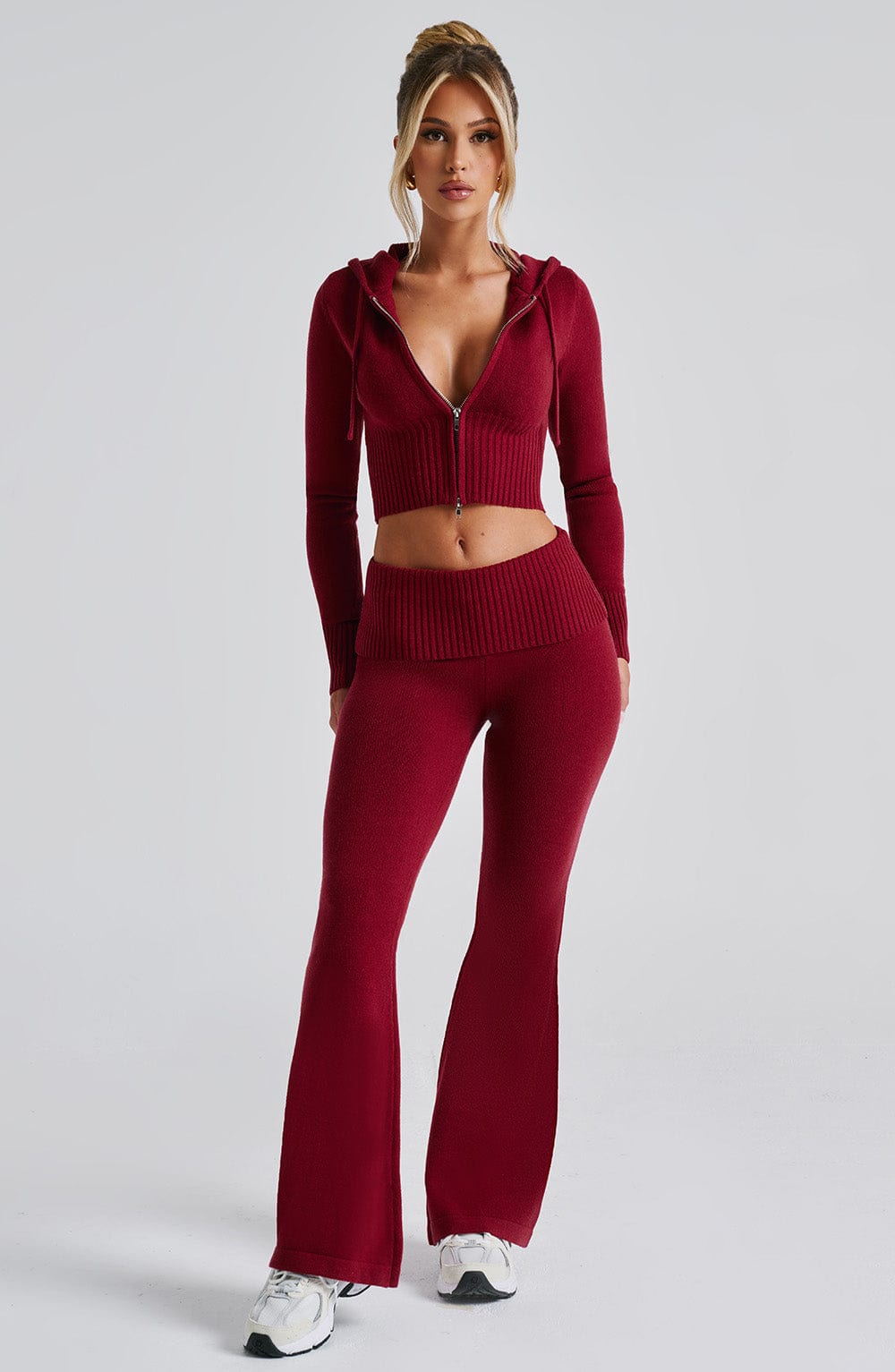 Women's Knit Co-Ord Set Cropped Zip Hoodie with Flared Trousers - 2