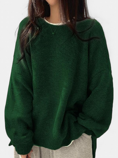 Women's Drop Shoulder Split Hem Round Neck Jumper - Dark Green