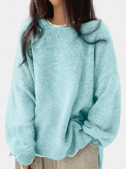 Women's Drop Shoulder Split Hem Round Neck Jumper - Mint Green