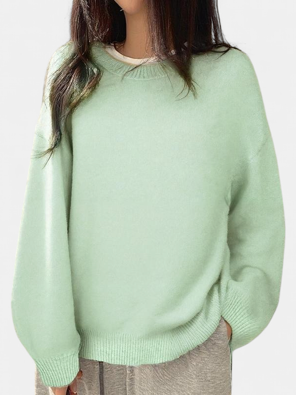 Women's Drop Shoulder Split Hem Round Neck Jumper - Light Green
