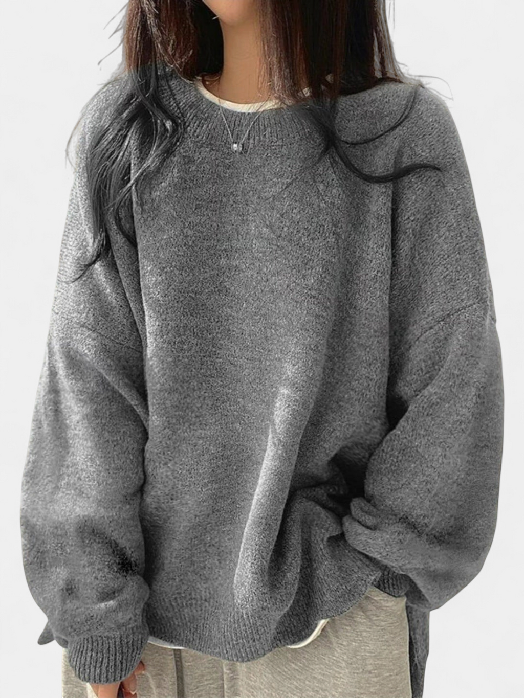 Women's Drop Shoulder Split Hem Round Neck Jumper - Gray