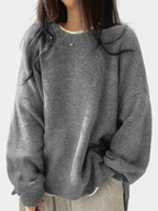 Women's Drop Shoulder Split Hem Round Neck Jumper - Gray