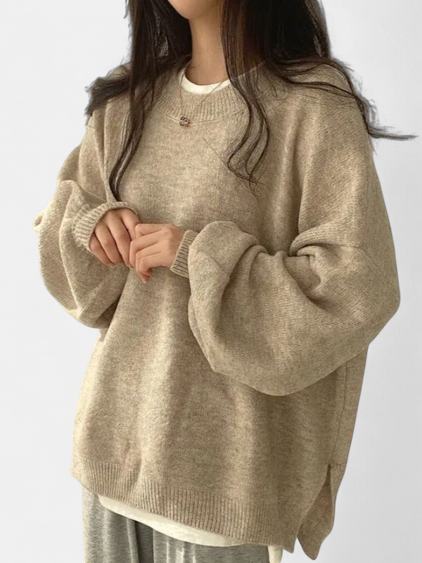 Women's Drop Shoulder Split Hem Round Neck Jumper - Khaki