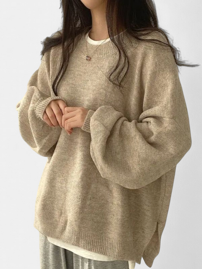 Women's Drop Shoulder Split Hem Round Neck Jumper - Khaki