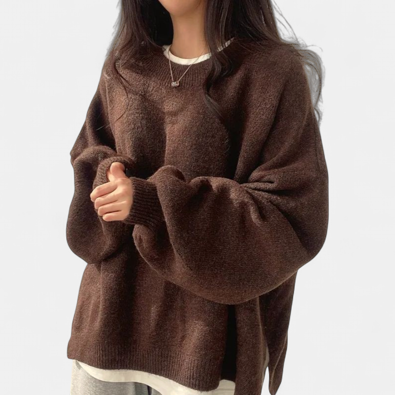 Women's Drop Shoulder Split Hem Round Neck Jumper - Brown