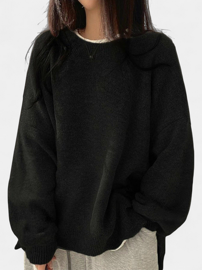 Women's Drop Shoulder Split Hem Round Neck Jumper - Black